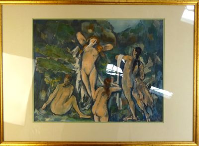 un tableau représentant un groupe de nus accroché à un mur