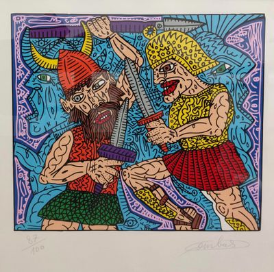 painting of two men in armor fighting with a sword in a blue and purple background