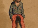 tableau représentant un homme assis sur un poteau, coiffé d'un chapeau