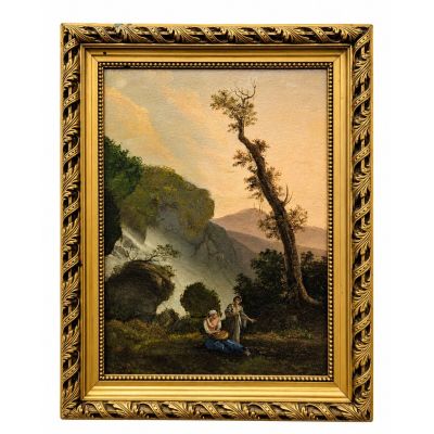 un tableau représentant un couple assis par terre devant une montagne
