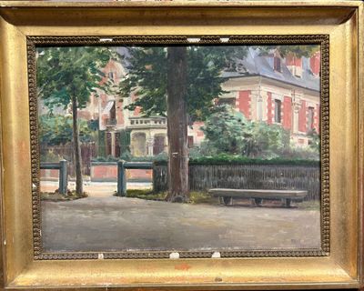 une peinture représentant un banc de parc devant un immeuble