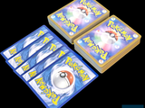 four cards with pokemon on them sitting on a table