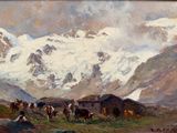 painting of a group of horses grazing in a field in front of a snow covered mountain