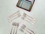 silverware in a wooden box with six forks and six spoons