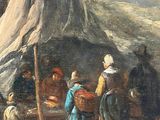 painting of a group of people standing around a tent with a tent in the background