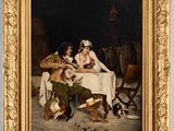 un vieux tableau représentant un homme et une femme assis à une table avec un chien