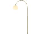 Le lampadaire est doté d'un pied en métal et d'un abat-jour en verre