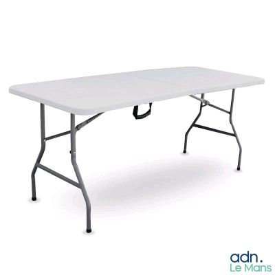 the folding table is white and has a black handle on it