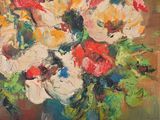 a painting of flowers in a vase on a table