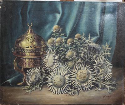 tableau représentant une nature morte composée de fleurs et d'un vase posés sur une table