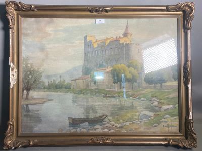 une image représentant un tableau d'un château au bord d'une rivière