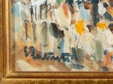 an oil painting of a group of people walking down a street with umbrellas