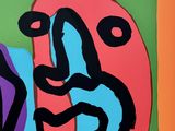 an abstract painting of a woman ' s face on a colorful background