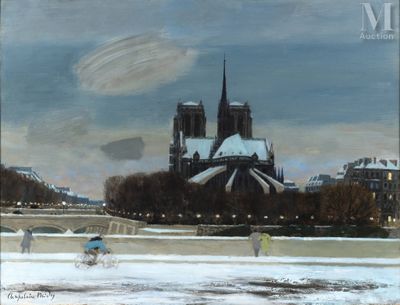 a painting of people walking in the snow in front of a cathedral