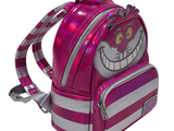 the back of a pink backpack with a picture of alice the cat on it