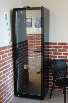 une photo d'une pièce avec une chaise et un réfrigérateur