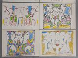 four different colored drawings of elephants and people on white paper