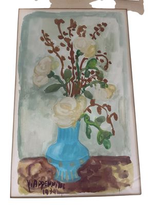 une peinture de fleurs dans un vase bleu sur une table