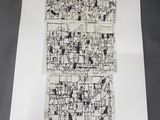 a black and white drawing of a group of people in a room