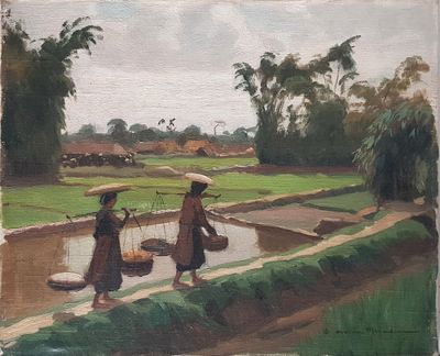 a painting of a couple of women walking down a path