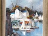 an oil painting of a harbor scene with sailboats in the water