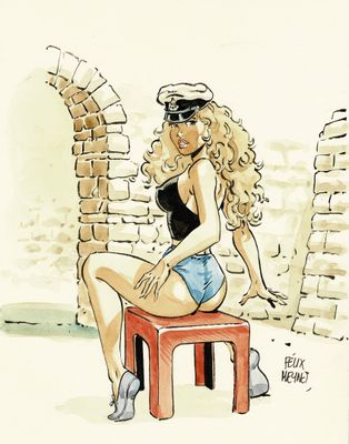 dessin représentant une femme assise sur un tabouret devant un mur de briques
