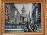 a picture of a painting of a city with a clock tower in the background