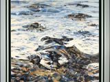 an oil painting of a rocky beach with waves crashing on the rocks