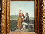 painting of a man and a woman sitting on a bench with a dog