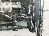 a black and white painting of a man on a skateboard