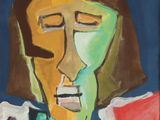 une peinture à l'huile représentant un homme au visage vert et portant une chemise rouge