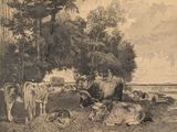un dessin représentant un groupe de vaches dans un champ