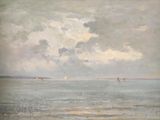 tableau représentant une vue de plage avec des voiliers au loin