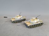 two toy tanks sitting side by side on the floor