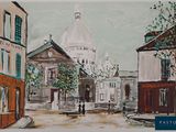 painting of a street scene with buildings and a dome in the background