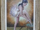 a painting of a woman in a tutu bending over a wheelbarrow