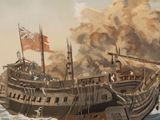 a painting of a ship in the water with smoke coming out of it