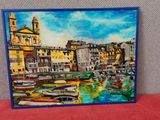 a picture of a painting of boats in a harbor
