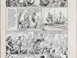 a black and white comic strip with a cartoon of a man on a boat