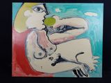 un tableau représentant une femme en train de manger une pomme sur fond noir
