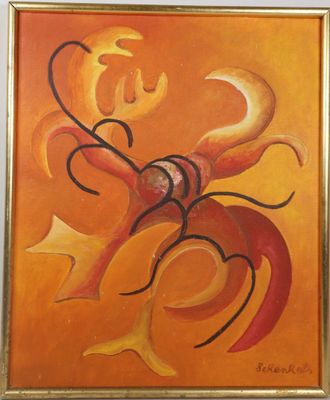 painting of an orange and yellow abstract painting with swirly shapes