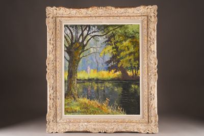 an oil painting of a river scene with trees and grass