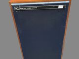 an image of a wooden and blue computer monitor on a stand