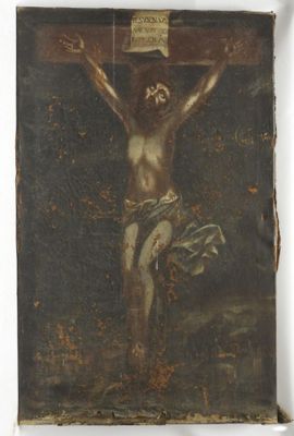 un vieux tableau représentant un homme sur une croix, coiffé d'une couronne