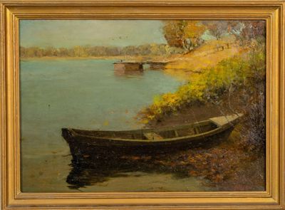 tableau représentant un bateau sur un lac, avec un pont en arrière-plan