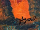 an image of a painting of two trees with a red sky in the background
