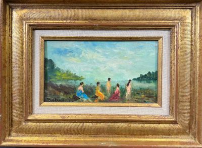 une peinture à l'huile représentant un groupe de personnes assises sur une colline