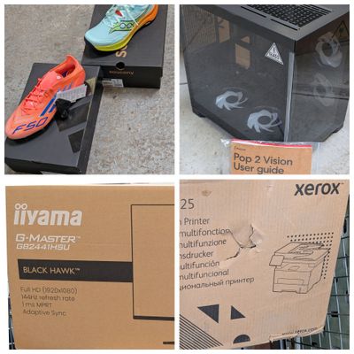 plusieurs photos d'une boîte sur laquelle est posée une paire de chaussures
