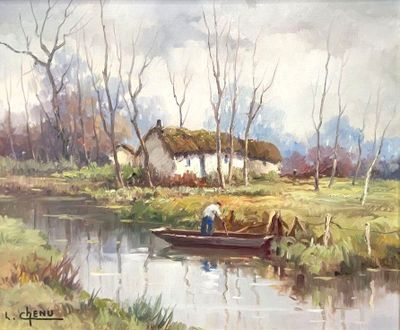 a painting of a man in a boat on the water