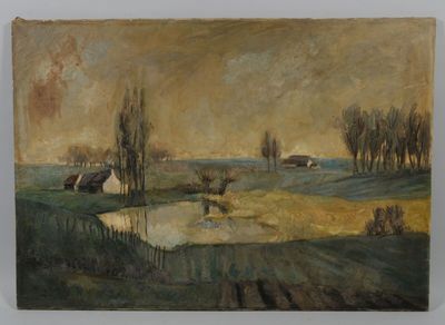 une image représentant un tableau représentant un paysage avec des arbres et un étang